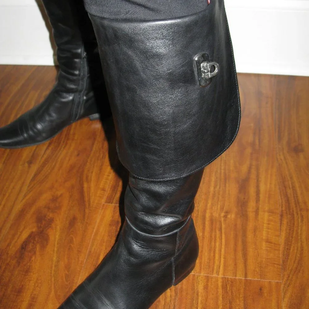 REDUCED Wmn Black Leather Side Zipper Block Heel Over The Knee Boots S 5.5 UK 3